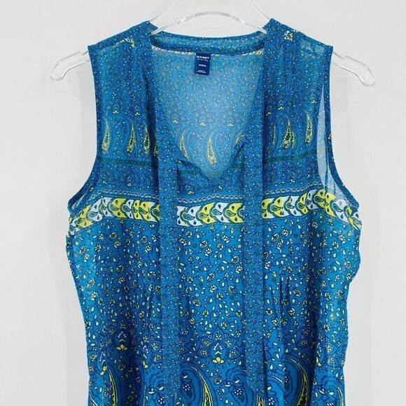 Old Navy Size Medium Blue & Yellow Floral Tie Neck Sleeveless Blouse Top - Picture 2 of 6
